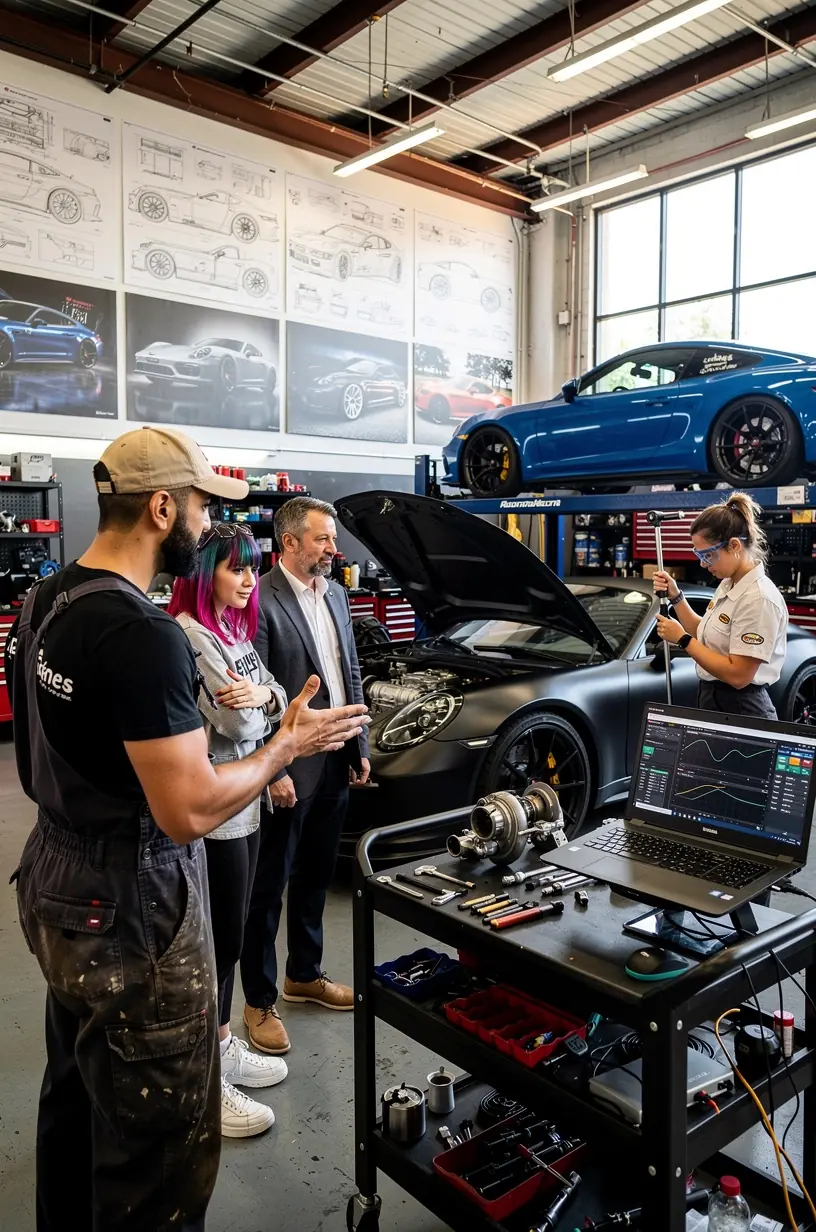 Professional technician adjusting high-performance sports car engine in a Los Angeles tuning garage setting.