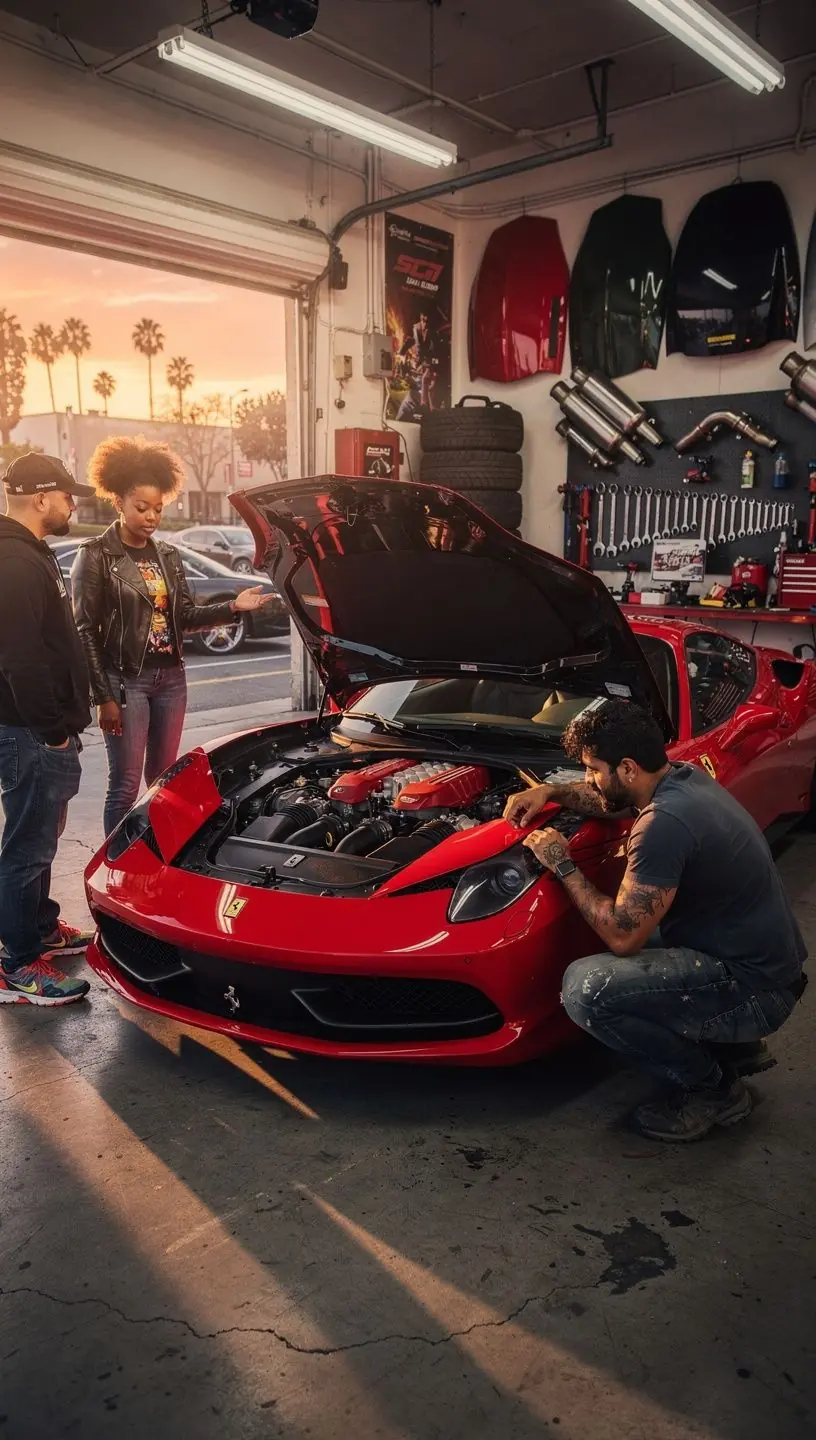 Mechanic explaining performance upgrade options to a client next to a luxury sports car in a transparent garage environment.